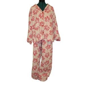 PJ Salvage Flannel Pajama Set L Cream Pink Red Lips Print Button Up Top & Pants